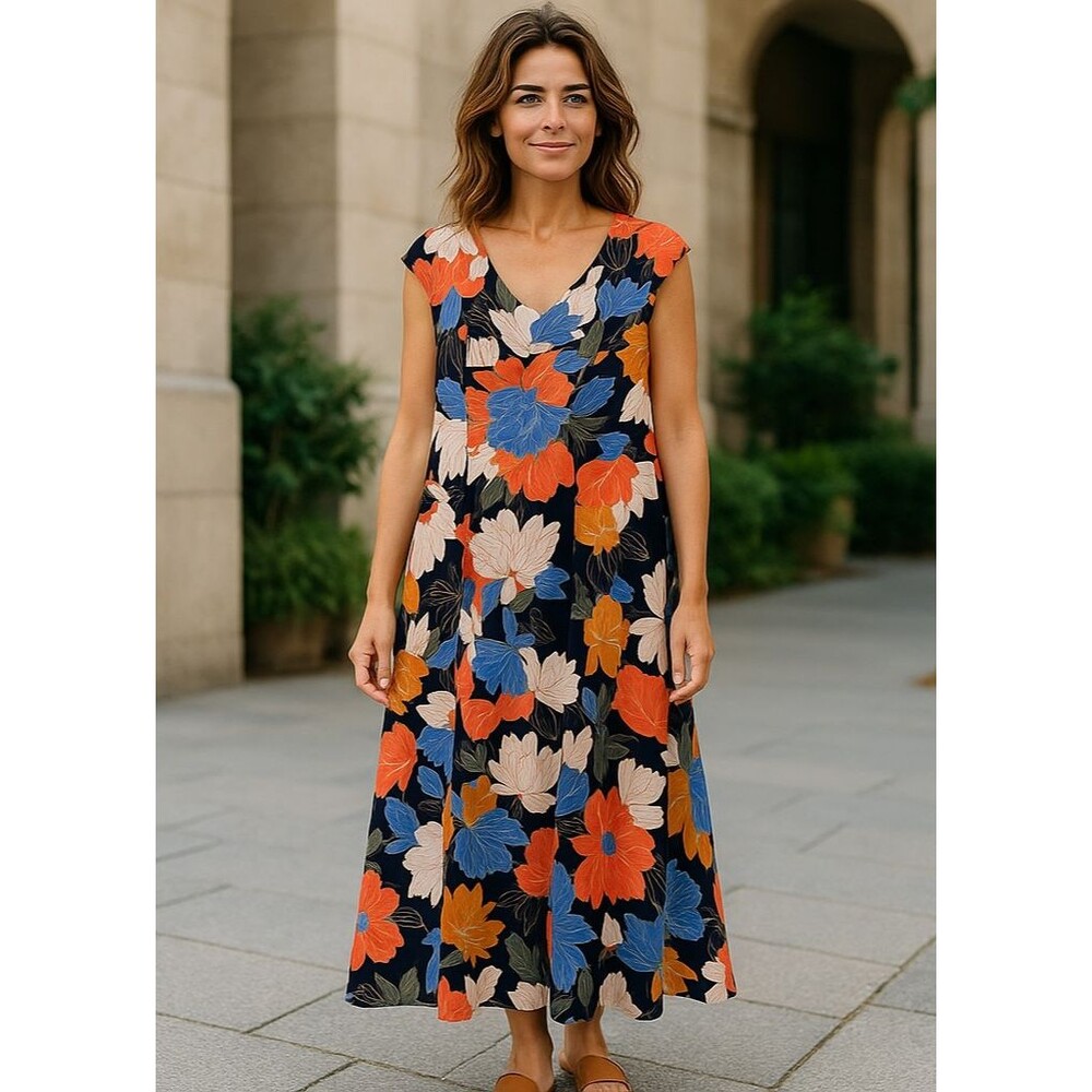 London Times Dress Womens 14W Midi Cap Sleeve Floral Black Orange‎ Blue Colorful